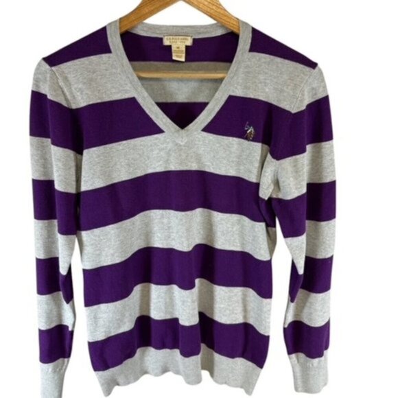 U.S. Polo Assn. Sweaters - US Polo Assn Women’s  Knit V Neck Sweater Gray Purple /White Striped Preppy M